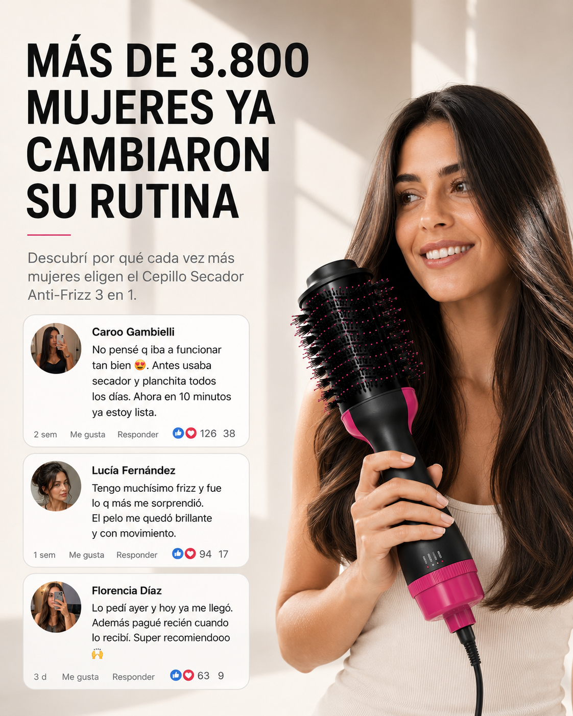 Cepillo Secador Anti-Frizz 3 en 1 | Pelo Liso y con Volumen en Minutos