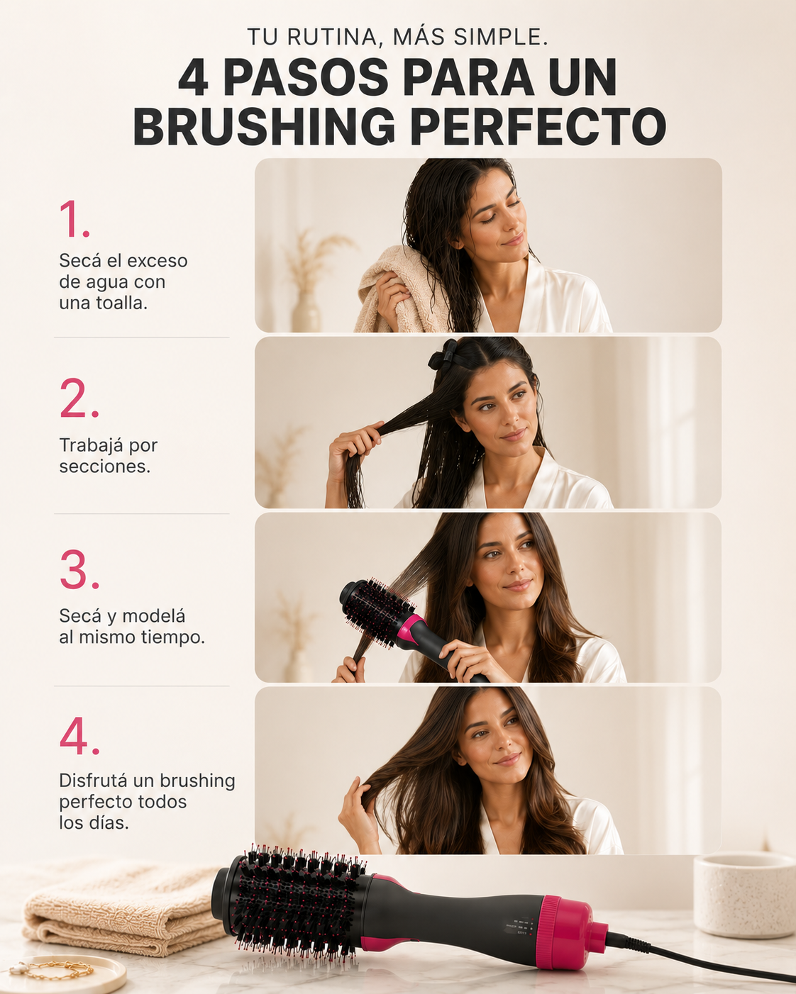 Cepillo Secador Anti-Frizz 3 en 1 | Pelo Liso y con Volumen en Minutos