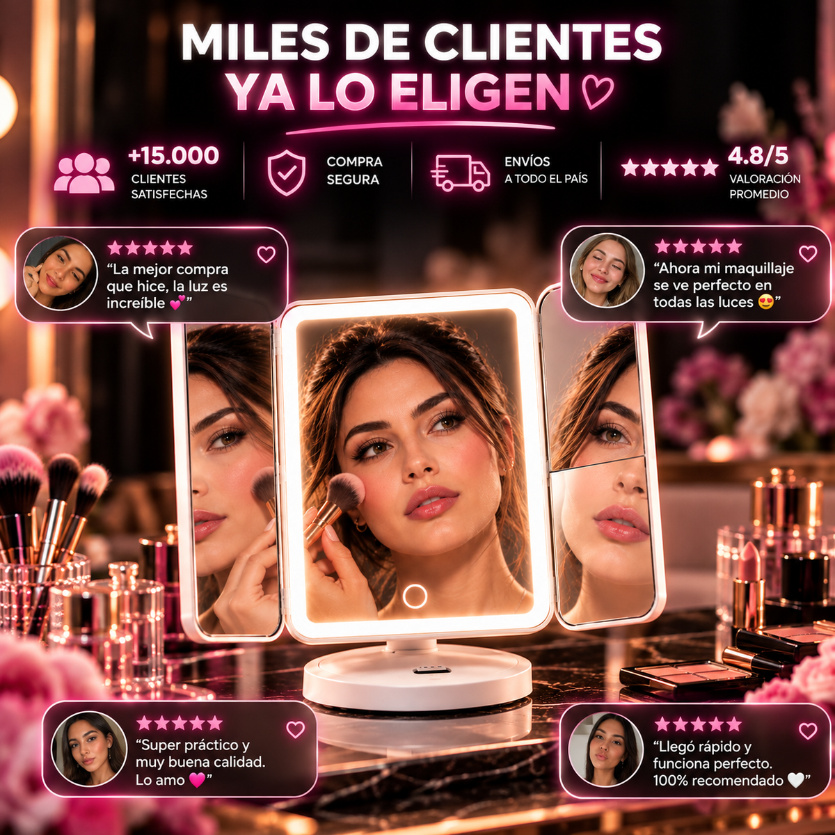 ✨ Espejo de Maquillaje LED 3 Paneles | Iluminá tu Belleza desde Todos los Ángulos