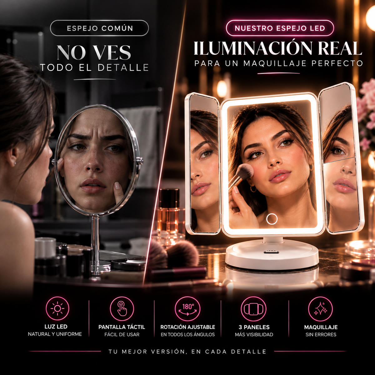 ✨ Espejo de Maquillaje LED 3 Paneles | Iluminá tu Belleza desde Todos los Ángulos